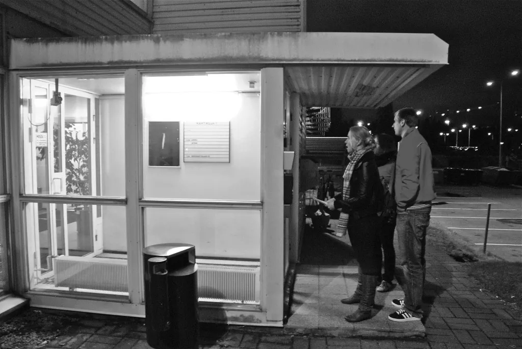 At the door to the freight office that is open 24 hours. We had to wonder whether it really was because it looked so dark inside.